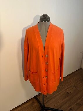 LOFT Orange Button-Down Pocket Cardigan